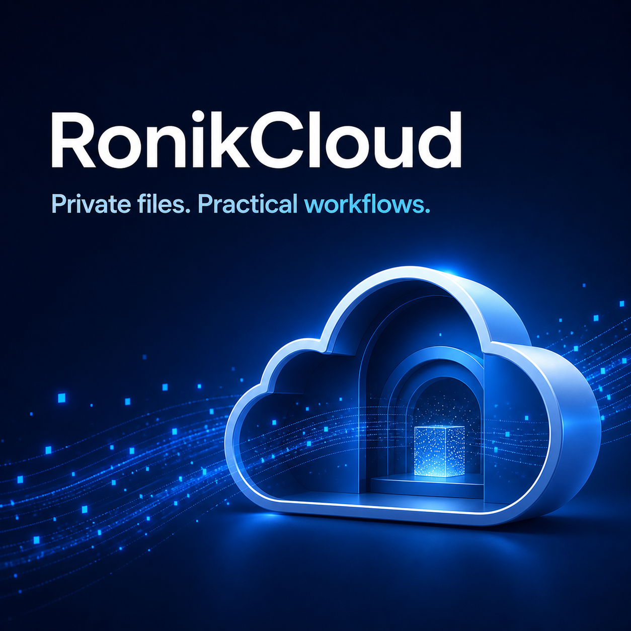 RonikCloud launch artwork reading Private files. Practical workflows.
